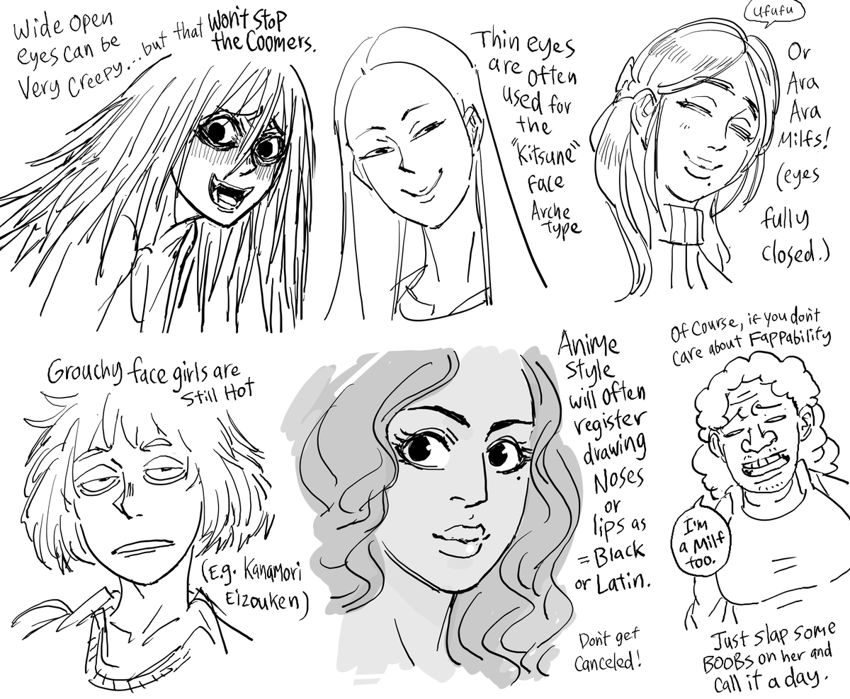 After my fem-Patches pic, Patreon requested that I elaborate on my ideas about non-standard anime faces, so I did a tutorial (?) of my ideas.
Remember, Coomers will find most girls fappable, so don't be afraid to test out different facial features.
