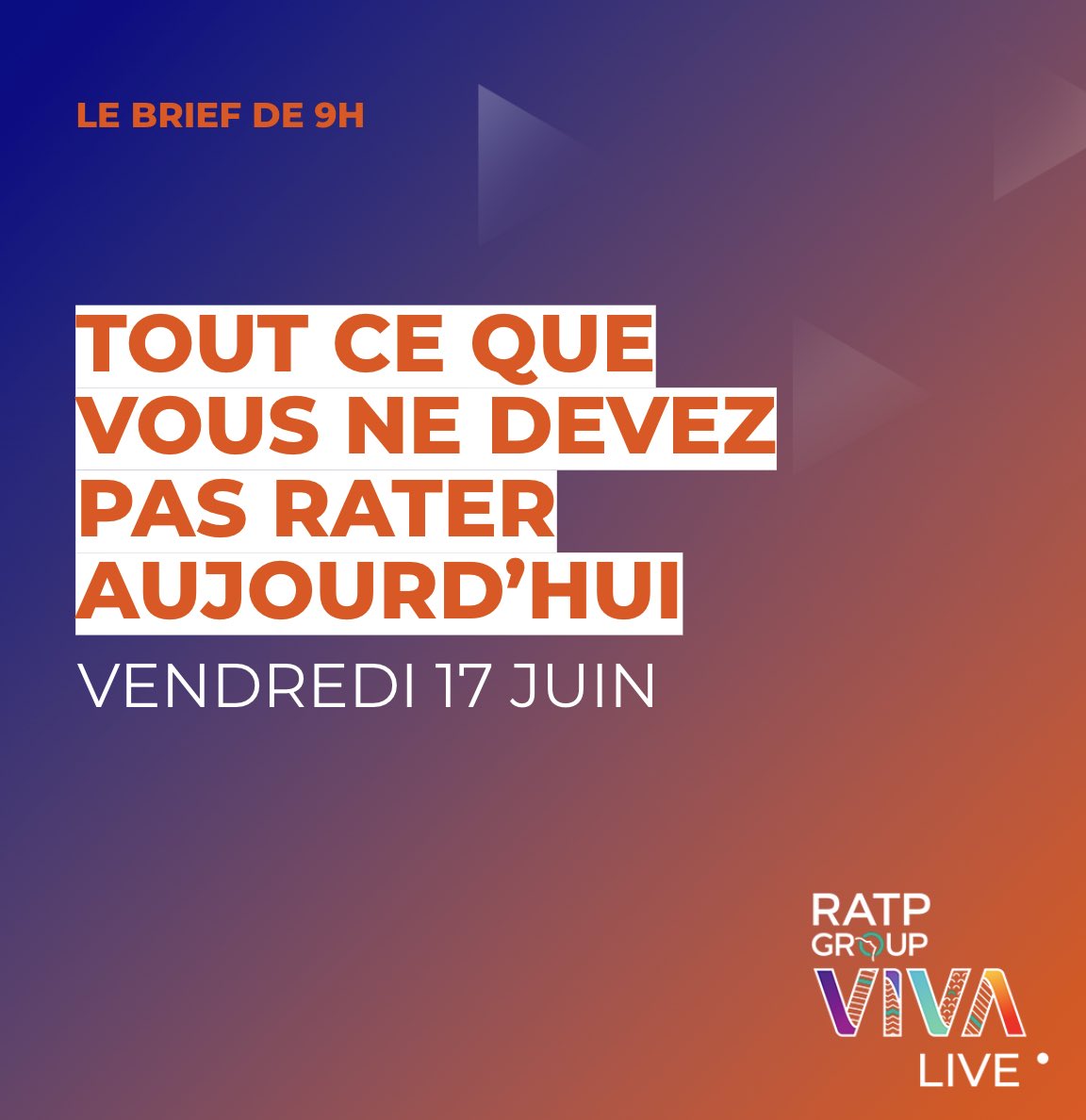 RATPgroup's tweet photo. [#RATPGroupVivaLive 🎙Le brief de 9h] Top départ de la  3ème journée à #Vivatech 2022. Encore un beau programme ce vendredi. Voici un #thread des 5 RDV que l’on a coché dans notre agenda👇 #RATPGroup #RATPLovesStartUp https://t.co/BGySXJ0nxp