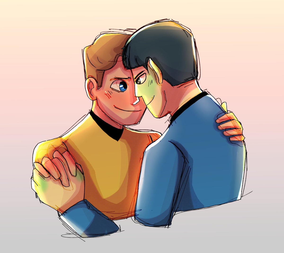 I have not watched a single SNW (I'm still on my Enterprise stage 😔) but Spock is trending so here's a little Spirk :)
#startrek #startrektos #fanart #art #doodle #drawing  #startrekfanart