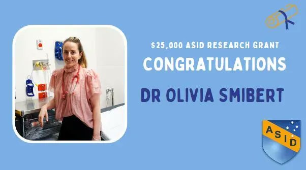 Announced at #ASID22, congrats to <a href="/livbadiv/">Dr Olivia Smibert</a> recipient of the <a href="/ASIDANZ/">ASIDANZ</a> $25,000 Research Grant. Her PhD project aims to define the role of the microbiome in determining infectious/immunological outcomes in immune compromised specialty patient populations. buff.ly/2A9M6UA