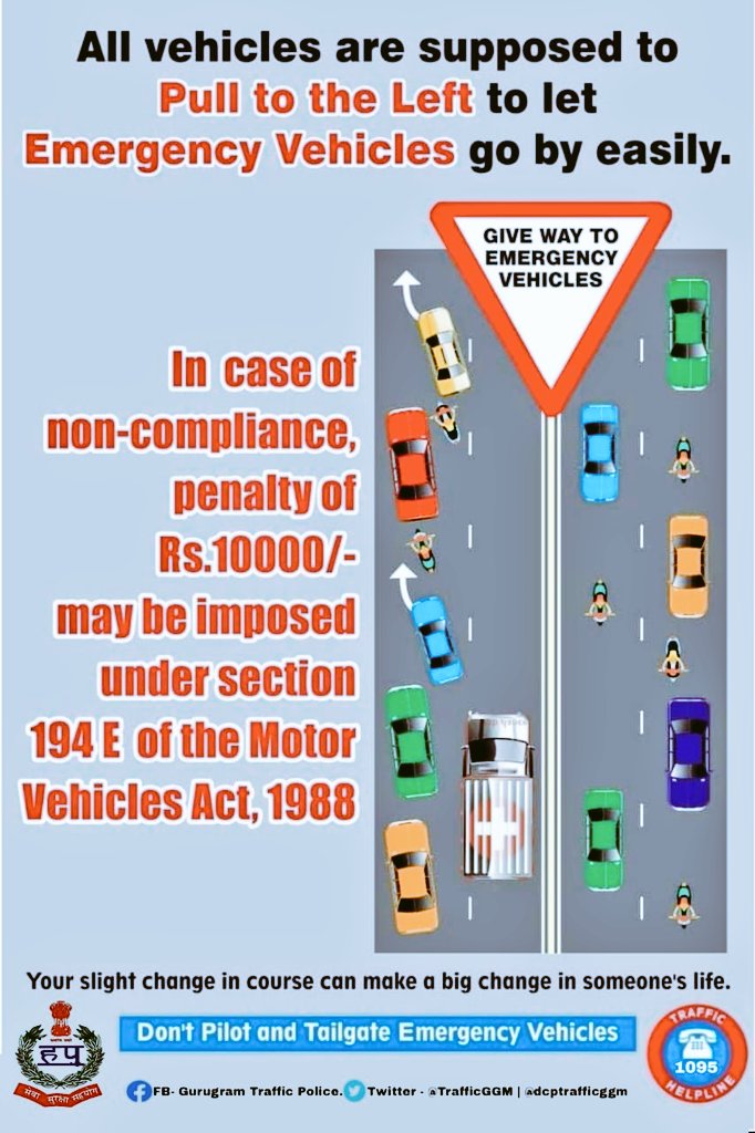 TrafficGGM's tweet photo. All vehicles are supposed to pull to the left to let #Emergency Vehicles go by easily. @gurgaonpolice @DC_Gurugram @dcptrafficggm @IGtraffic_hry @police_haryana https://t.co/gslxUO53vj