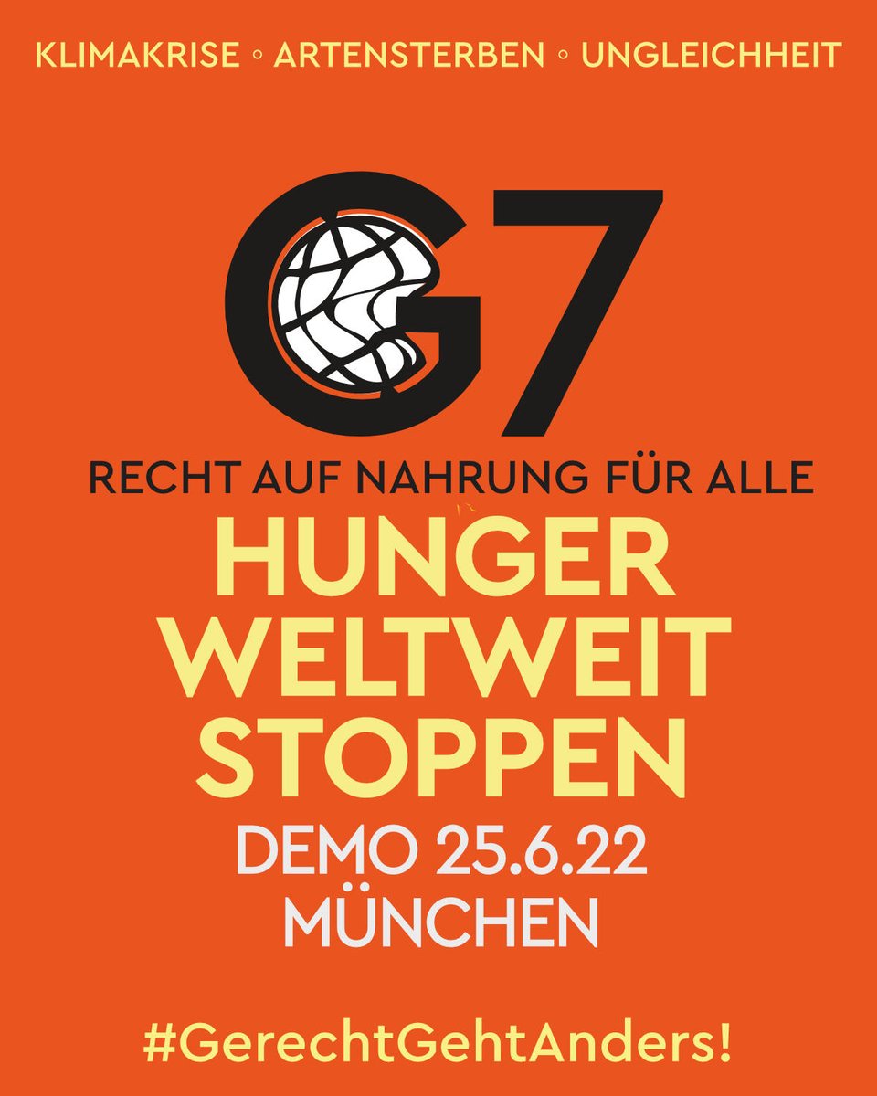 Mehr als 800 Mio. Menschen hungern weltweit. 49 Mio. stehen an der Schwelle zur Hungersnot.

#GerechtGehtAnders

Die #G7 müssen eine globale Hungerkrise verhindern. Dafür braucht es:
👉 effektive Soforthilfe für Hungernde 
👉 eine Veränderung des Ernährungssystems