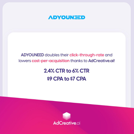 adcreative_ai's tweet photo. Don't just take our word for it...see what the data says. See how you too can lower your cost-per-acquisition rate with our machine learning A.I. ADYOUNEED is just one example of how your ad creatives really matter.⁠⁠
⁠⁠
#adreatives #AI #facebookads #googleads #instaads https://t.co/inYDNvusH8
