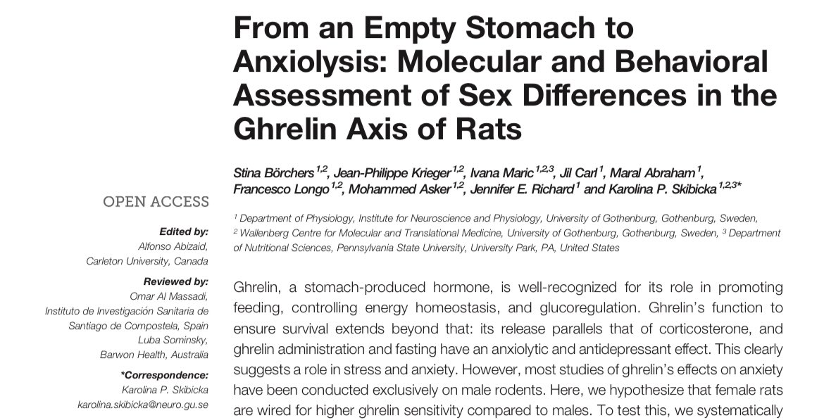 stinabiologista's tweet photo. Just published ๐ฅณโก๏ธ Can hunger influence anxiety?
Spoiler: We show that female anxiety levels are affected more by manipulations of the Ghrelin axis, such as overnight fasting.
๐ Open Access: https://t.co/YngYT5H85G #PhD #SexDifferences #Neuroscience #Anxiety https://t.co/ZIO7vqyeC6