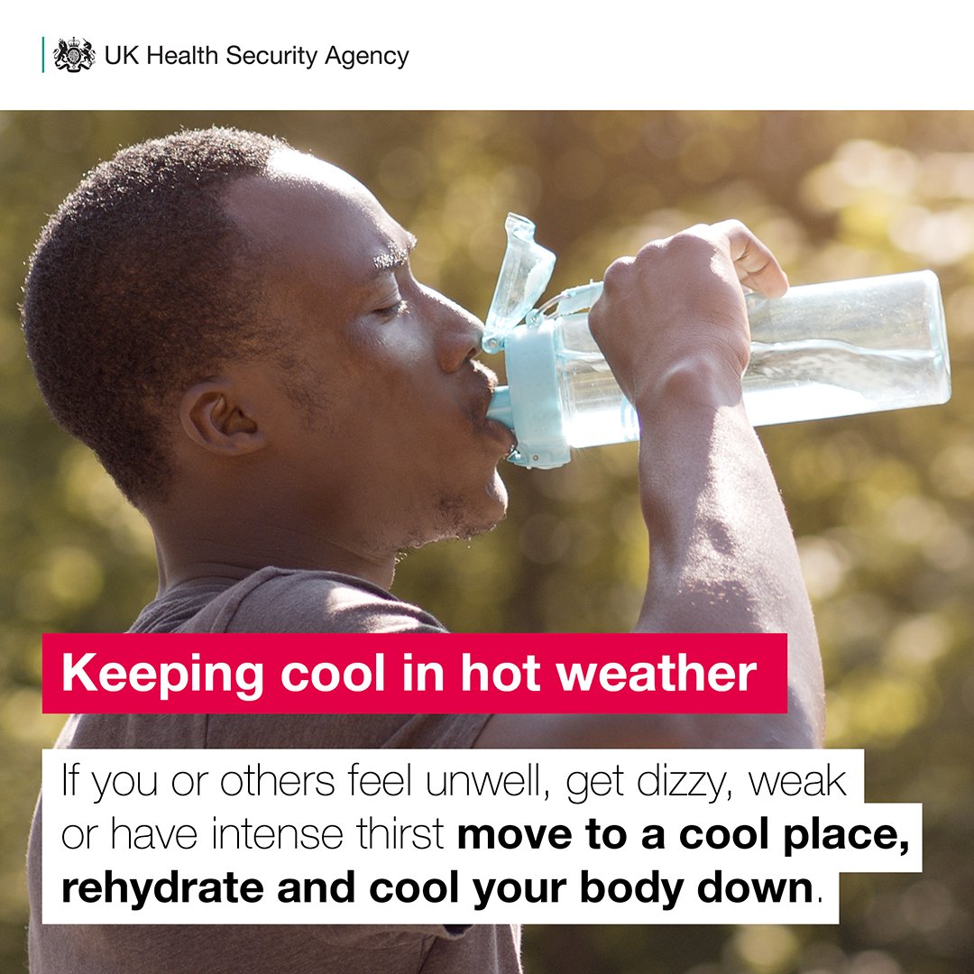 Stay #WeatherAware in the heat today.

If you or others feel unwell, get dizzy, feel weak, anxious or have intense thirst, move to a cool place, rehydrate and cool your body down.