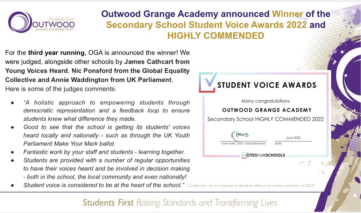 OGACADEMY's tweet photo. Outwood Grange Academy announced Winner of the Secondary School Student Voice Awards 2022 and HIGHLY COMMENDED! https://t.co/IH6hcIzpda