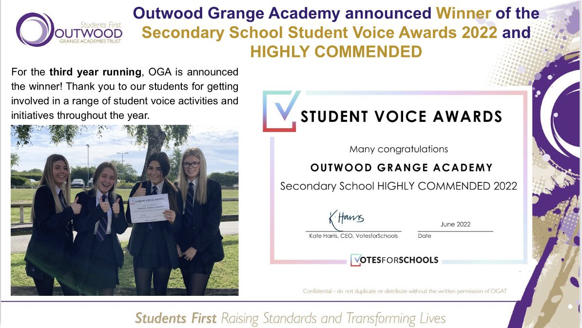 OGACADEMY's tweet photo. Outwood Grange Academy announced Winner of the Secondary School Student Voice Awards 2022 and HIGHLY COMMENDED! https://t.co/IH6hcIzpda