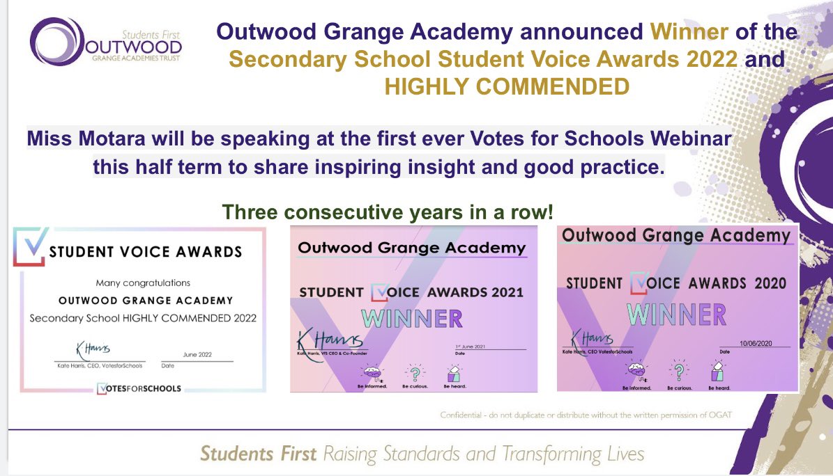 OGACADEMY's tweet photo. Outwood Grange Academy announced Winner of the Secondary School Student Voice Awards 2022 and HIGHLY COMMENDED! https://t.co/IH6hcIzpda
