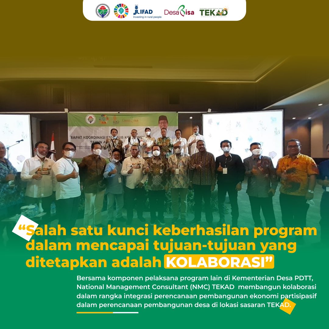 Tim NMC TEKAD bersama NMC P3PD, TAPM P3MD dan Pelaksana INEI dalam Rapat Koordinasi Program Penguatan Pemerintahan dan Pembangunan Desa Sub Komponen 2A Tahun Anggaran 2022

Tanggal, 14-17 Juni 2022
Tempat, Royal Kuningan Hotel, Jakarta Selatan

#satukanTEKADmembangunDESA