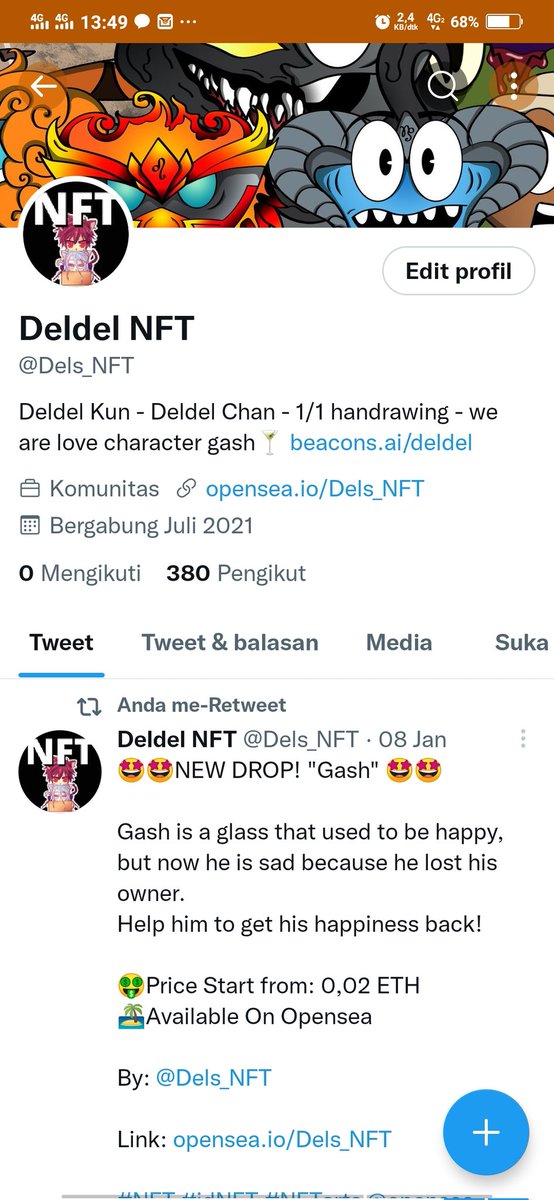 Dels_NFT's tweet photo. Someone hack scam my twitter account, how comes?😂 i didnt klik any link... now I already change my password. its yesterday he tweet like that huft... 😞😞 Its that in my profile, my following going to 0 on yours twitter guys? #scamnft #nftindonesia @NFTindonesia_ https://t.co/TUTx3YcMUV