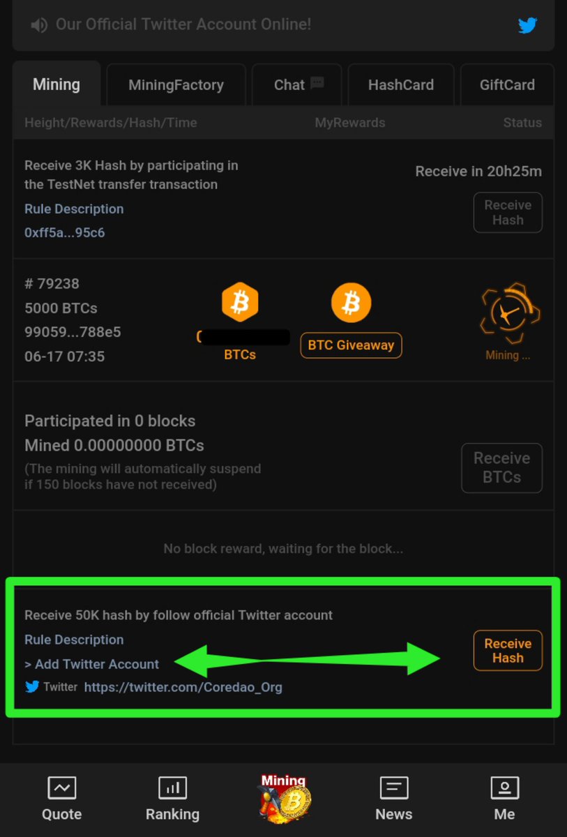 Another Observation: When you update your BTCs mining app via the apk latest version, ensure you follow <a href="/Coredao_Org/">Core DAO 🔶</a> on Twitter, then return to your BTCs mining app and add your Twitter username and receive 50k Hash Reward.

😁 Interesting. Do yours too 👍