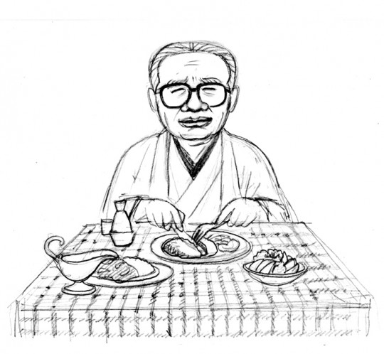 「自宅で自炊する永井荷風。
「煉瓦亭」で食事する池波正太郎。
タラチリをつくる壇一」|伊野孝行『いい絵だな』のイラスト