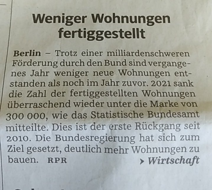 #DailyPopulism
<a href="/SZ/">Süddeutsche Zeitung</a> 24.05.22
Noch Fragen?
Bauministerium abschaffen.
Gebt den Genossenschaften Grundstücke, dann läuft es von selber.
<a href="/GdWWohnen/">GdW Bundesverband</a> <a href="/VNWeV/">VNW e.V.</a> <a href="/gedaschko/">Axel Gedaschko_GdW</a> <a href="/Juergen_Kaiser/">Don't panic - solution incoming</a> <a href="/wolflotter/">WOLF LOTTER🦉</a>