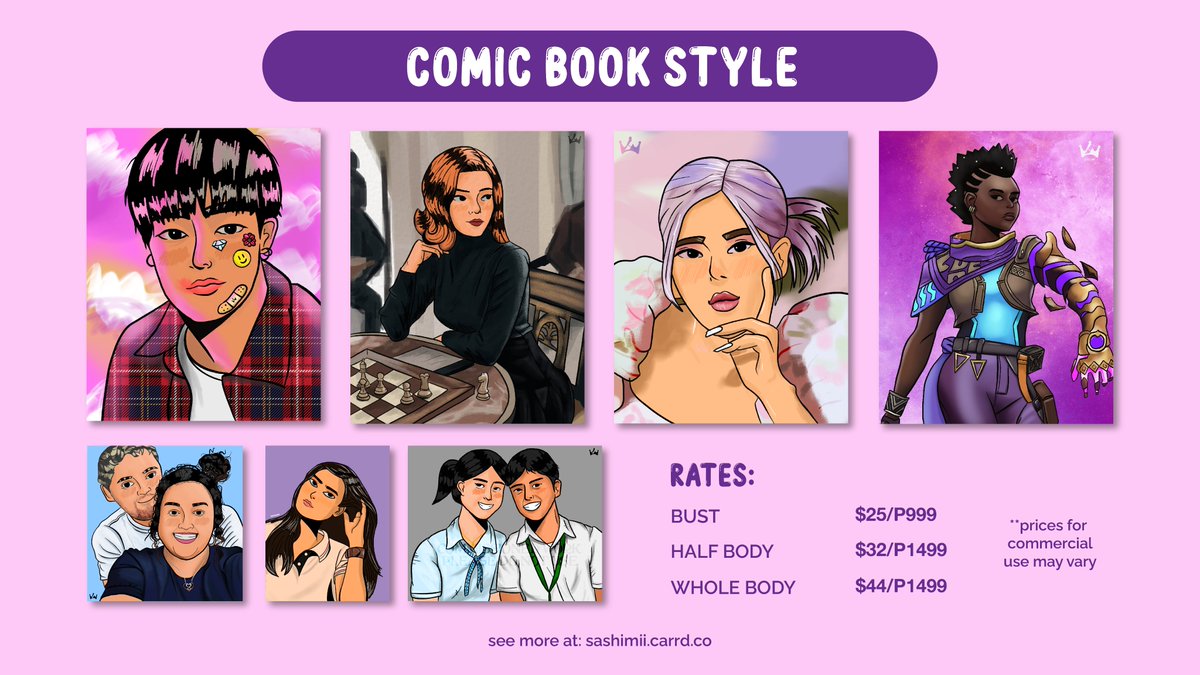 sashimich_'s tweet photo. [RTs and likes appreciated]

🌟 2022 Commission sheets!! 🌟

If you're looking to commission an artist, I'm currently available!

Here are some of the styles that I do and I offer a lot more just visit my website https://t.co/7oV9PsnNS4!!

#artph
#commissionsopen
#commissionme https://t.co/X31R3AacH9