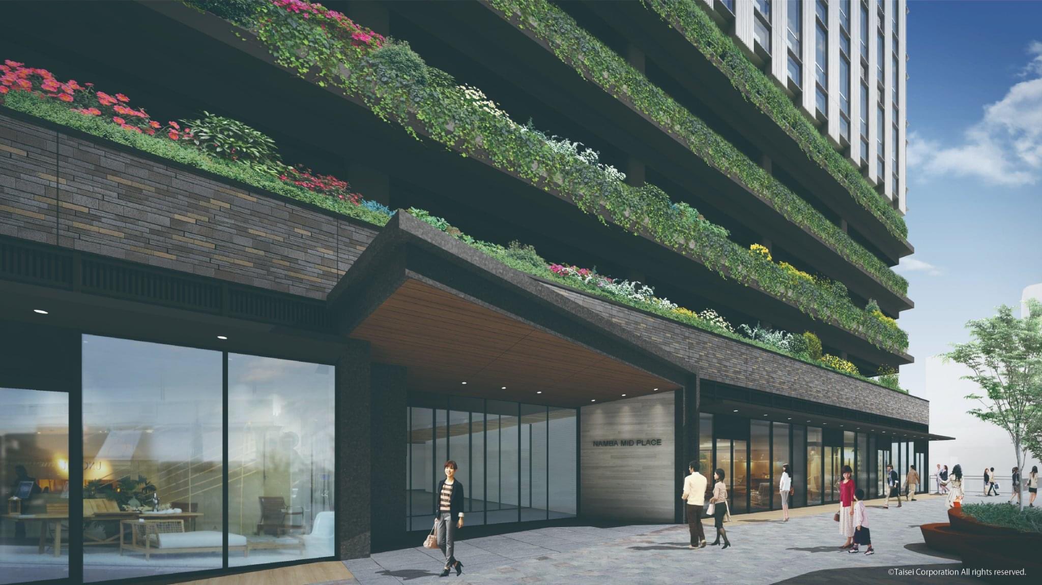 難波中二丁目開発計画 公式 開発街区の一つ 大型オフィスビルのエントランス部パースです 地上１４階建て 黒い外壁部分は自走式の駐車場を備えます エントランスを挟んで路面店感覚のショップが並びますよ どんなお店になるのでしょうか