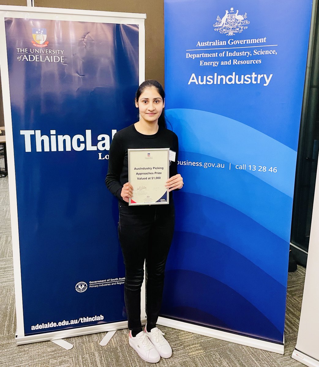 Grateful to have been awarded the most innovative pitch prize by AusIndustry on "Picking approaches". Thanks to all the mentors and sponsors <a href="/ThincLabADL/">ThincLab</a> @Aus_Industry <a href="/sagovau/">SA Government</a>  for such a wonderful event.
Special thanks to my supervisor <a href="/Tatiana_Biochem/">Dr Tatiana Soares da Costa</a> for her endless support.