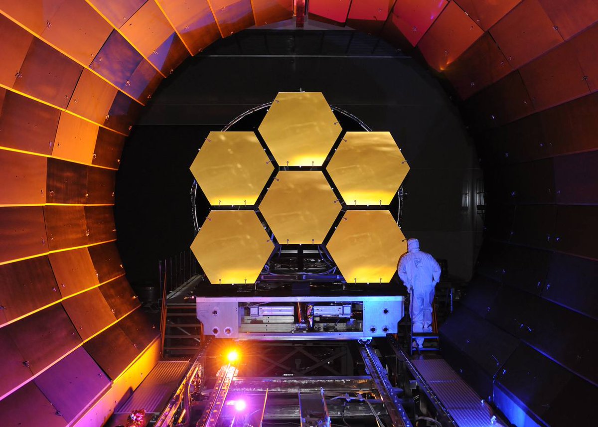 JWSTcoin's tweet photo. In this photograph you can see six of the eighteen adjustable primary mirrors of the #JWST.

Each of them is able to move on several axes to optimize the reflection and therefore the resolution of the image.

The materials used are beryllium coated with gold (48g).

#NASA #BNB https://t.co/IAsKNkoi4u
