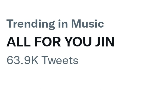 abyss_dandelion's tweet photo. ALL FOR YOU JIN &amp; Congratulations Jin trending under music topic 🥳

Seokjin the first korean soloist to be #1 on this week's Shazam Global Artists Chart 🎊👏 

Love listening to #Yours_Jin and tuning in to #SuperTuna_Jin by #JIN #BTSJIN from @BTS_twt https://t.co/wsHL0QtB9c