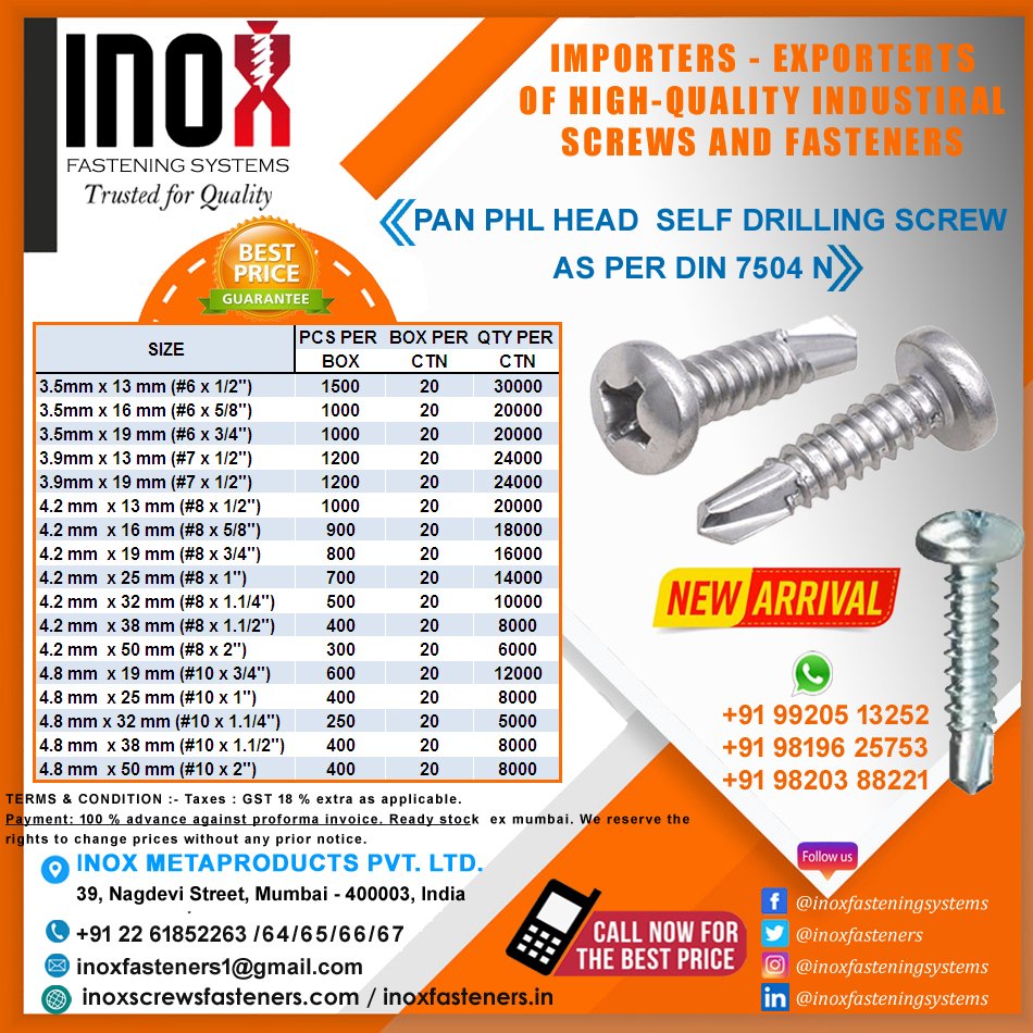 inoxfasteners's tweet photo. INOX FASTENING SYSTEMS
Trusted for Quality
Importers, Exporters, Wholesalers of All Types of Industrial Screws and Fasteners
PAN PHL HEAD SELF DRILLING SCREW AS PER DIN 7504 N
#inoxfasteners #woodinsertnut #hexheadselfdrillingscrew #insertnuts #nut #inoxfasteningsystems https://t.co/X0LMchtY5N