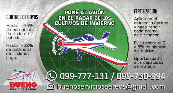 BuenoAereos's tweet photo. #Trigo22 #Cebada2022
Poné al avión en el radar de tus cultivos de invierno.🛩️
Consúltanos:
📲099 777 131
📲099 730 994
buenoserviciosaereos@gmail.com https://t.co/oRV3Z0RUky
