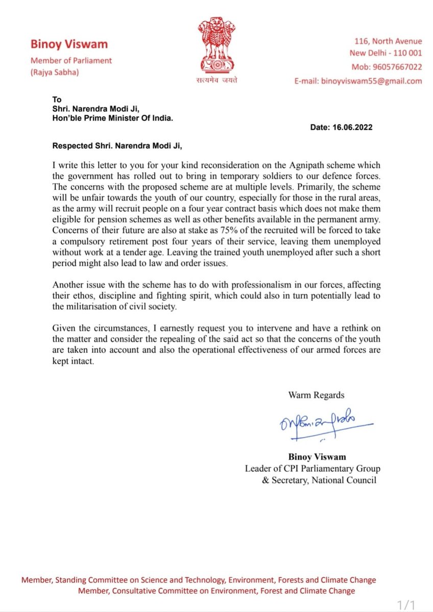 CPI Rajya Sabha MP Binoy Viswam wrote a letter to Prime Minister Narendra Modi, …