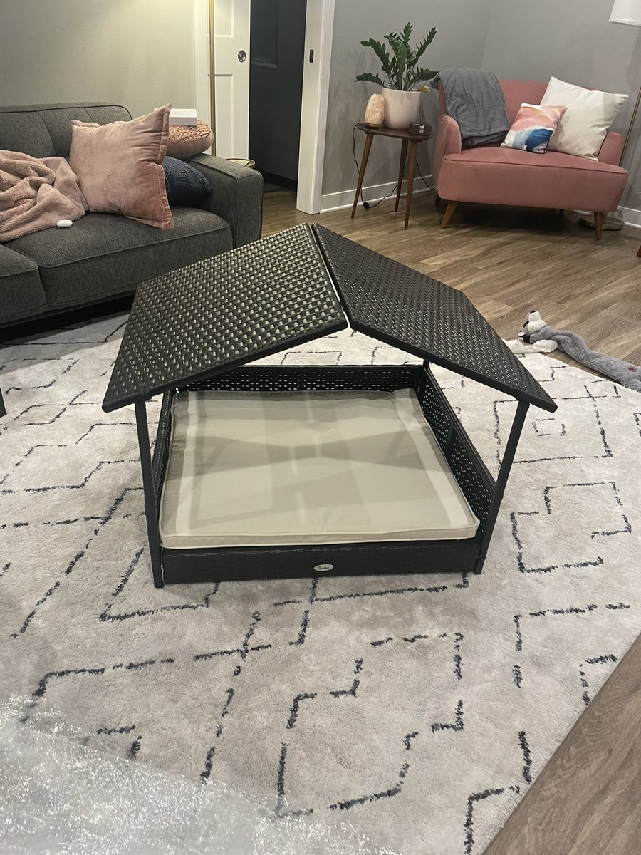 Charlie’s patio palace is assembled. Unfortunately, the only way I can get her to jump in is to trick her with copious amounts of cheese.
