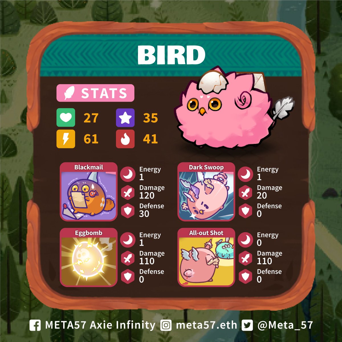 Meta_57's tweet image. Ever wanted to deliver the attacks of the Bird Mech Plant team? META57’s got you! 😉

Join META57 now and bring out your best with our outstanding team compositions! The team is waiting for you! 🙌

Apply now, experienced players!
tinyurl.com/meta57-axie-sc…

#AxieInfinity
#P2E