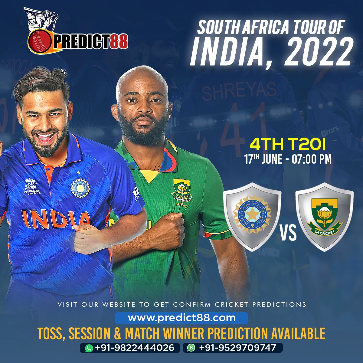 Predict88cricke's tweet photo. South Africa Tour Of India 2022.
4th T20
India vs South Africa
100% Match Prediction ( Toss, Session & Match Winner) Available Only On Our Website. For More Queries Contact On WhatsApp.
#predict88 #cricketprediction #matchprediction #matchreport https://t.co/dT7XHpF7sc
