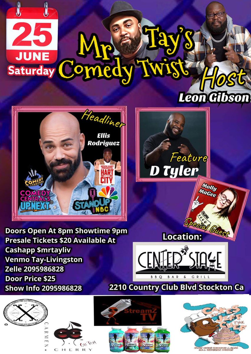 MrTay209's tweet photo. JUNE 25TH  Mr.Tay's Comedy Twist 2210 Country Club Stockton CA. Showtime 9pm!!! Headlining Ellis Rodriguez National Headliner as seen on Comedy Central’s Up Next', and 'Stand Up NBC Comedy Tickets call 2095986828. Also you can get tickets online at https://t.co/hMYlord9qc https://t.co/usht87oZ8H