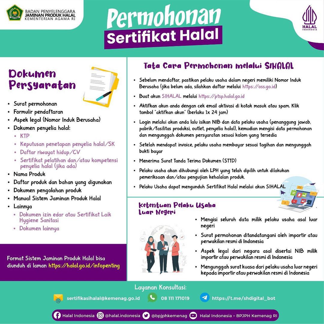 halalindonesia_'s tweet photo. [Permohonan Sertifikasi Halal]

Yuk seluruh pelaku usaha di Indonesia yang ingin simak postingan di atas untuk mengetahui:

- Tata Cara Permohonan melalui SIHALAL🔖
- Dokumen Persyaratan📝
- Ketentuan Pelaku Usaha Luar Negeri📌

Jangan lupa segera daftarin produknya ya👍🏻 https://t.co/iwciMx8hI7