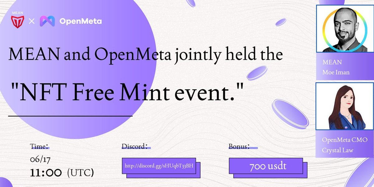 OpenMeta_NFT's tweet photo. 🎉See you guys later in our upcoming #AMA with #MEAN - @meanfinance on "NFT FREE MINT"!
🧑🏻💻 Moe Iman
🕙 11:00 (UTC) on Jun 17th, 2022
🌆 https://t.co/28wtHj5GyG
🤑💸: $700 $USDT
#AMA #OpenMetaNFT #OpenMetaAMA https://t.co/LHJhRZvIY8