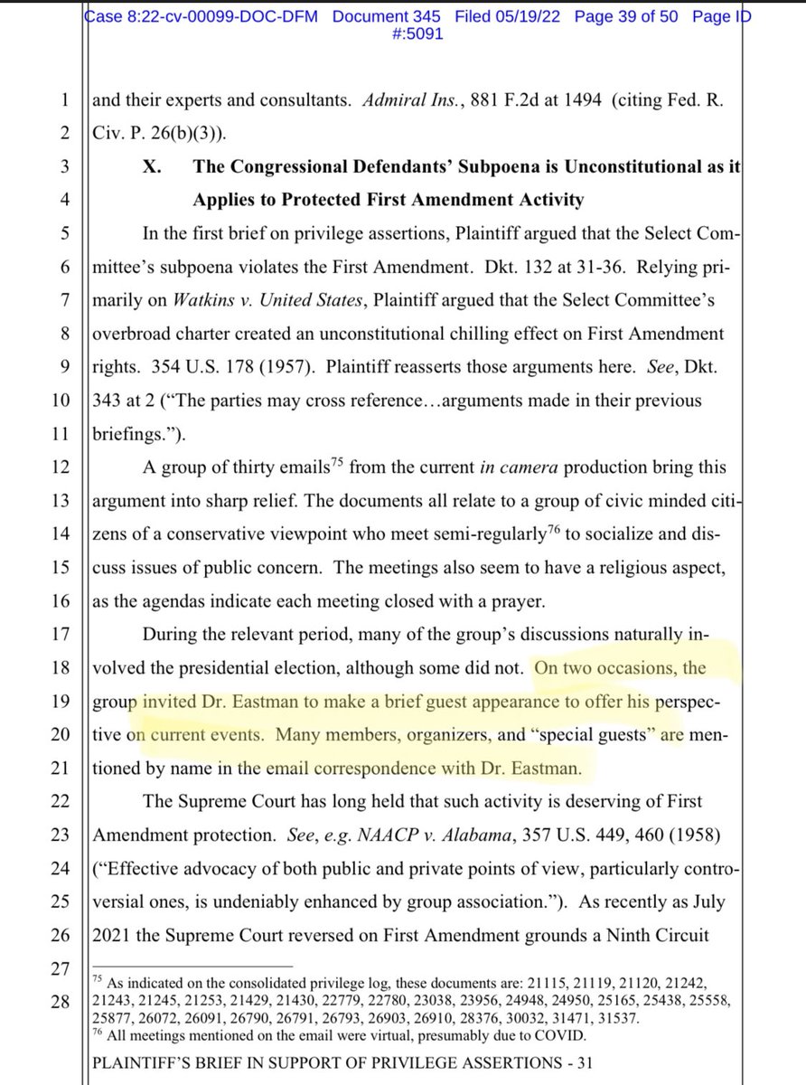 chrisgeidner's tweet photo. BREAKING: In a May 19th court filing, John Eastman’s lawyer claimed constitutional protection against disclosure of THIRTY emails relating to a group he spoke with TWICE about “current events.” His release of an email today shows the group was Frontliners, the Ginni Thomas group. https://t.co/g7pVLRI1bY