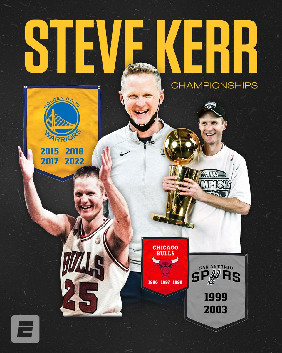espn's tweet image. WHOLE LOTTA HARDWARE 🏆💍

Steve Kerr adds title No. 9 to his collection!