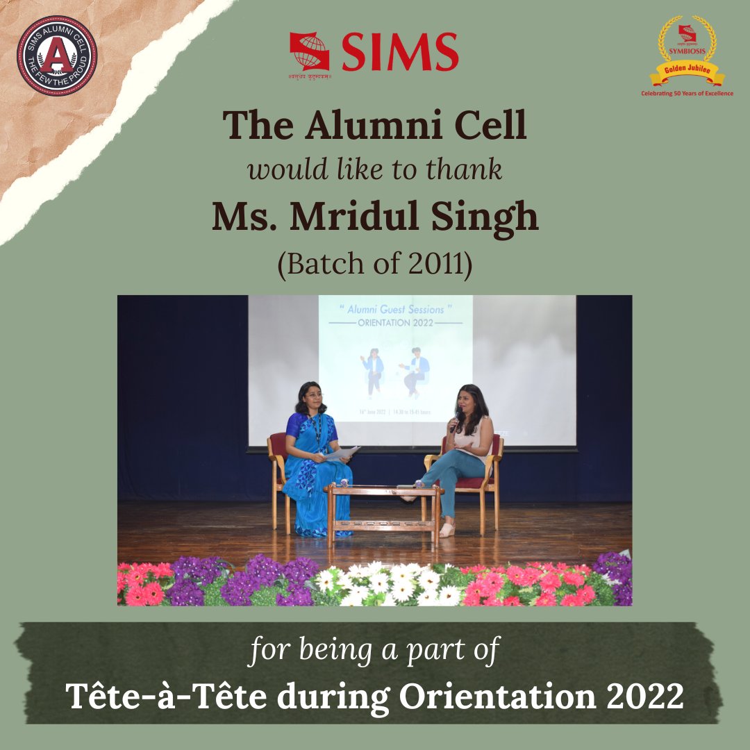 SIMSpune's tweet photo. We were delighted to host, Ms. Mridul Singh (Batch of 2011) for a tête-à-tête conducted on 16th June 2022 during the Orientation Programme for the Batch of 2024. 
@director_sims @navallawande @PuneSIMS #Batchof2011 #KeepingtheConnect #SIMSWayOfLife #newbatch #orientation #MBA https://t.co/qcJUV5x9SD