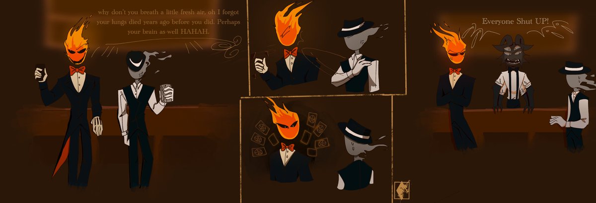 Tera86190947's tweet photo. Here’s comic of Original characters.
Fire man [filmflame]
Smoke dude [Smoke man]
Bartender[Rune and ren] [conjoined Twins]

I didn’t add much detail because it was just for fun!
#OriginalCharacter #Oc #Oc’s #OriginalCharacters #digitalArt 
#Art #originalA https://t.co/R3OXTpHNUc