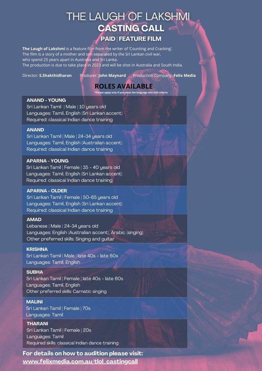 We are beginning a global search for the lead roles in our new feature film, "The Laugh of Lakshmi." Full character and audition details can be found here: felixmedia.com.au/tlol_castingca…
