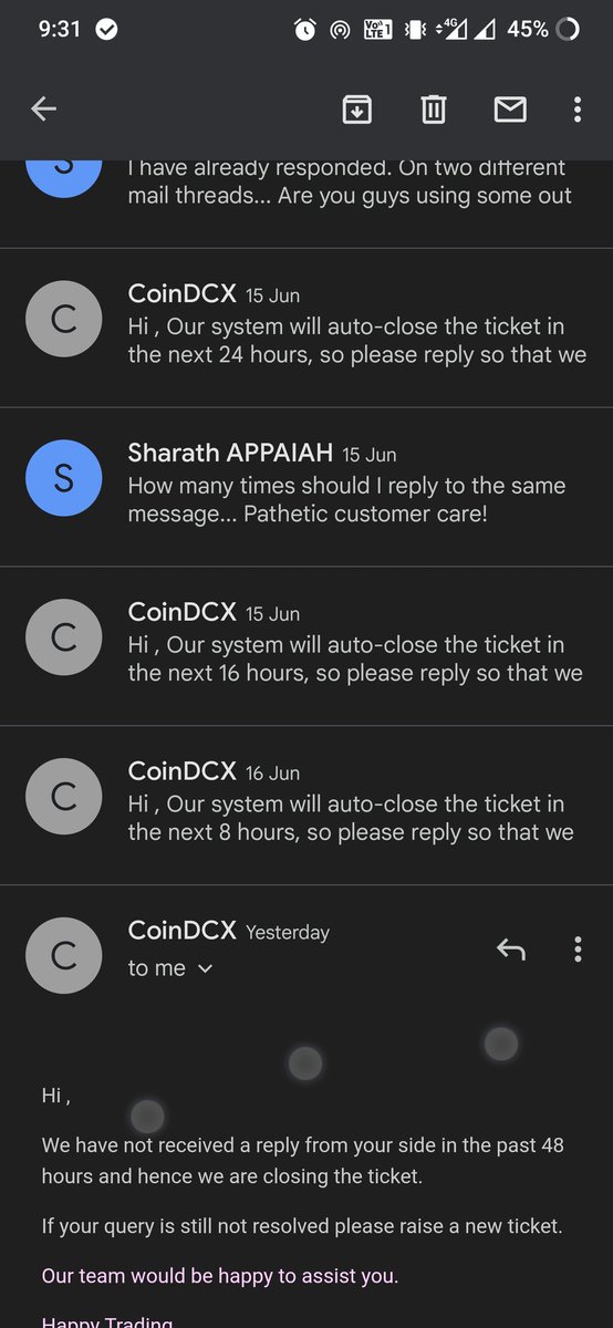 appaiahz's tweet photo. @CoinDCX_Cares Hey. You have really pathetic customer service. You Autobots keep asking me to reply to thier email and sends the same email after I reply. Wtf am I supposed to do here? https://t.co/yLIdkxLxWe