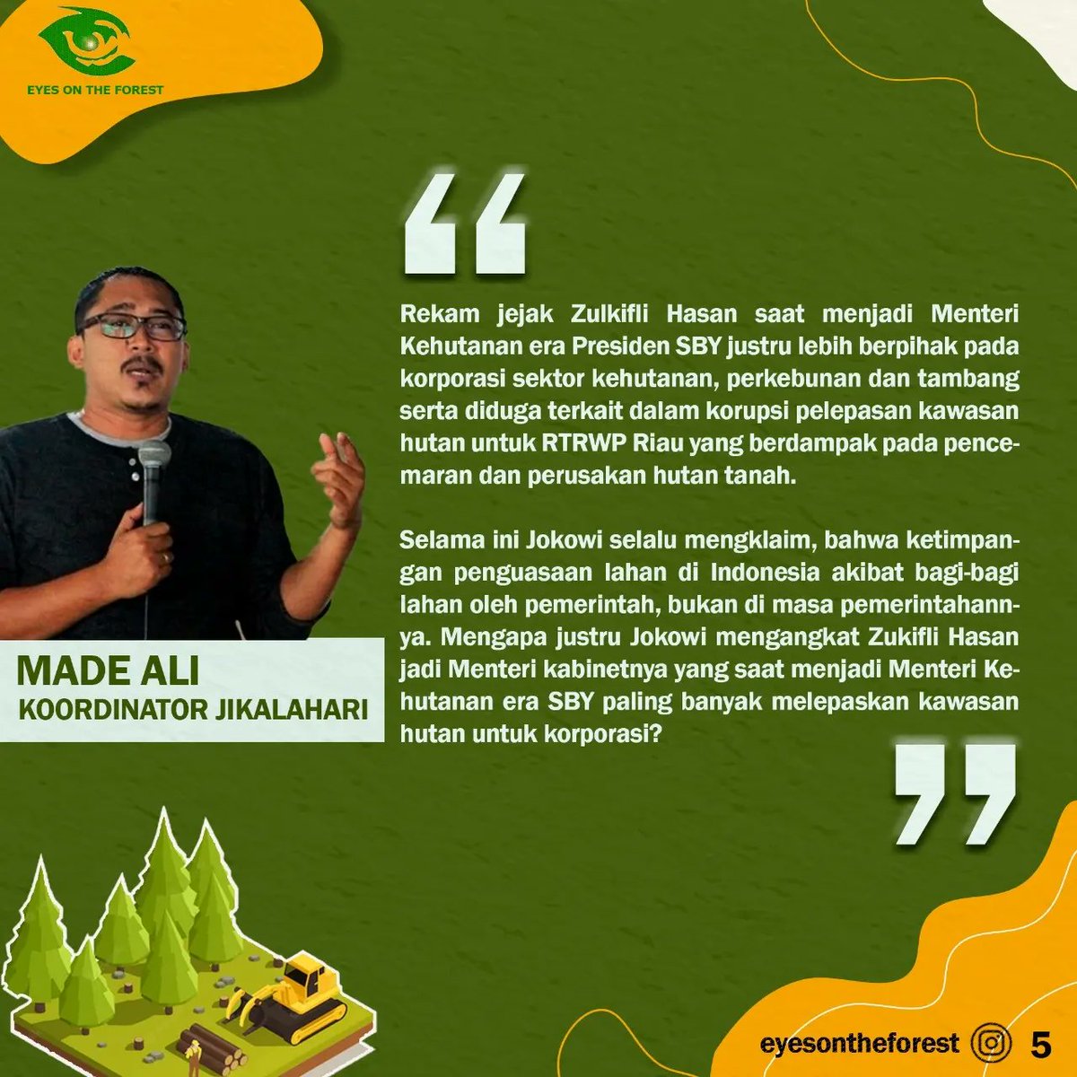 Eyesontheforest's tweet photo. “Rekam jejak Zulkifli Hasan saat menjadi Menteri Kehutanan era Presiden SBY justru lebih berpihak pada korporasi sektor kehutanan, perkebunan dan tambang serta diduga terkait dalam korupsi pelepasan kawasan hutan untuk RTRWP Riau" kata Made Ali, Koordinator Jikalahari https://t.co/0Lpf6oUNnf