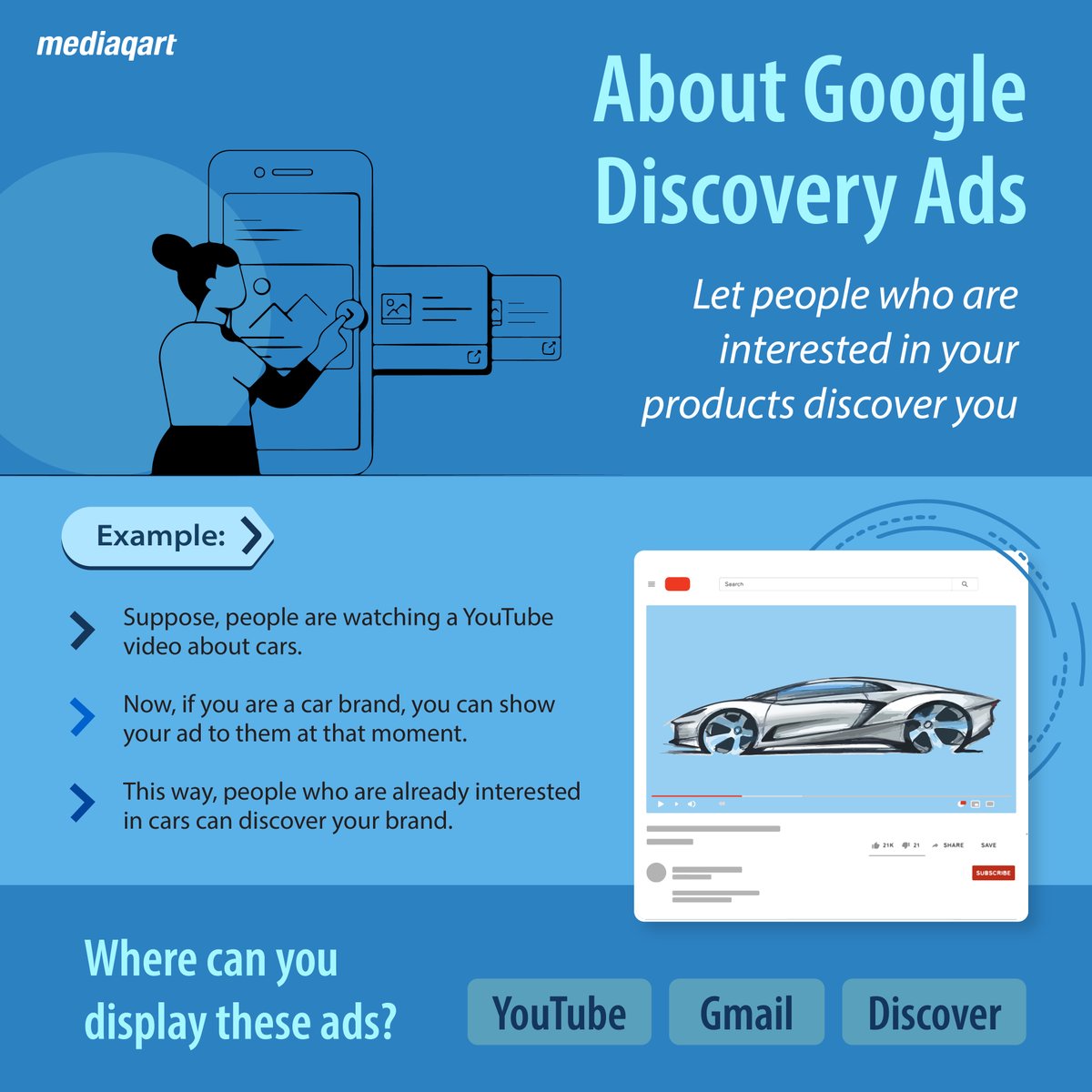 Google Discovery ads combine engaging visuals with robust audience targeting features. Here's why you should be using it:
-->Increases brand awareness
-->Captures the audience's attention
-->Simplifies campaign management
Save for later🙂

#googleads  #google #digitalmarketing