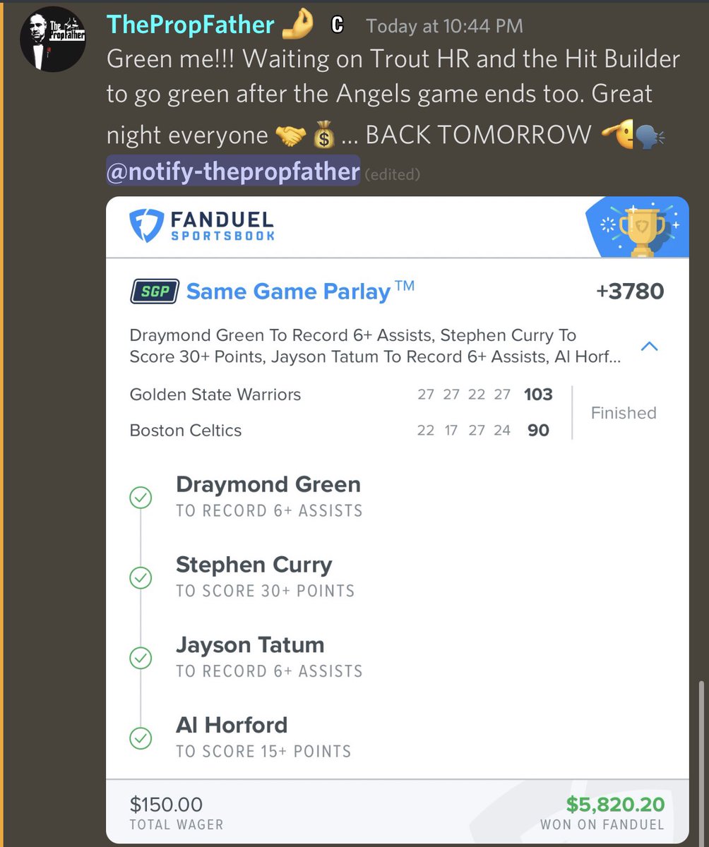GoldBoys's tweet photo. Cash this NBA SGP from @The_PropFather 🏀🏀

$150 ➡️ $5,820.20 💰💰

Posted in the discord - https://t.co/9aBUxG9J8i https://t.co/zbzFNL3tKA