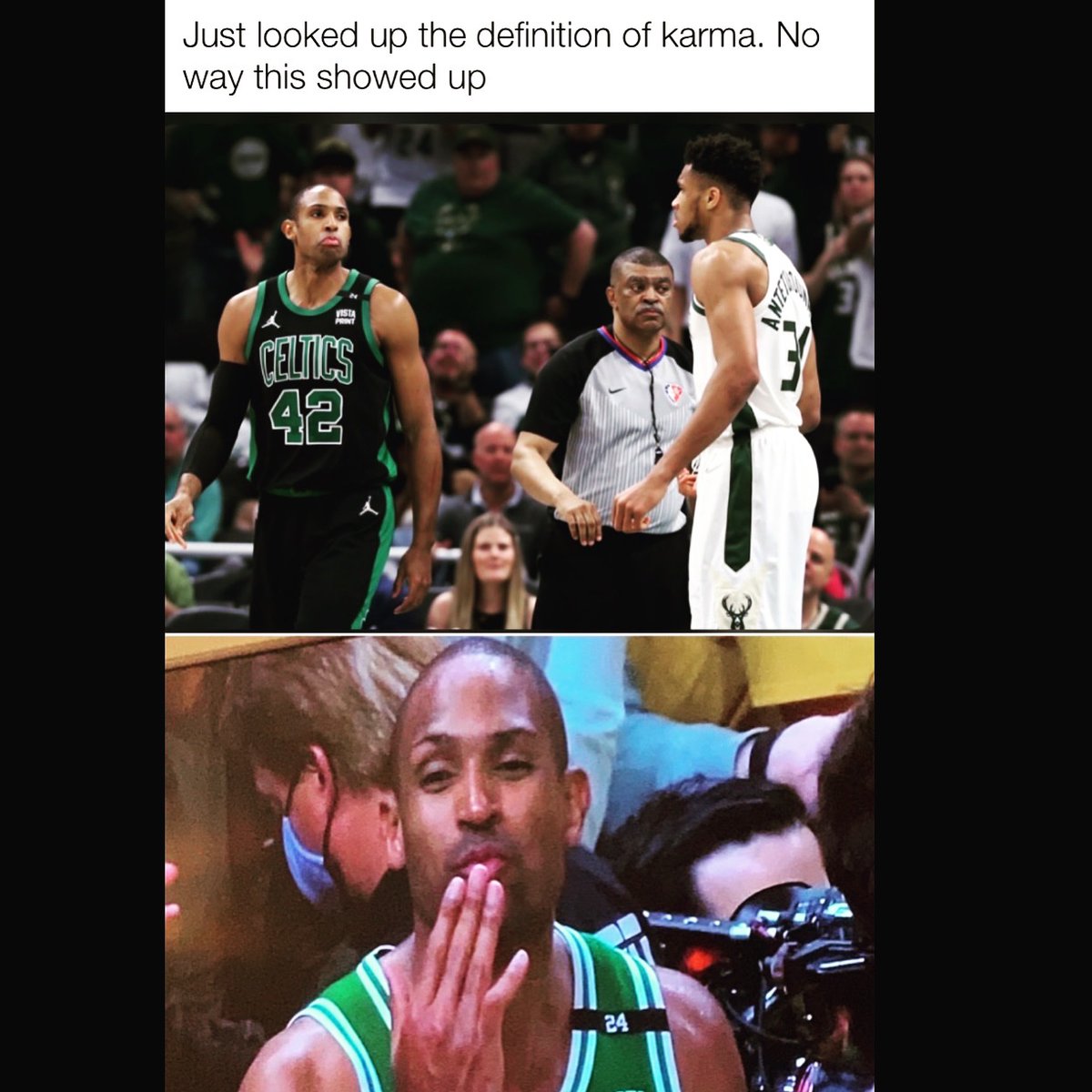 Everyone said Giannis messed up when he posterized Al Horford and celebrated a little too early… looks like Horford forgot not to celebrate too early after the game one win over the Warriors. I guess he forgot it takes four wins to win a championship. Warriors came out to play!