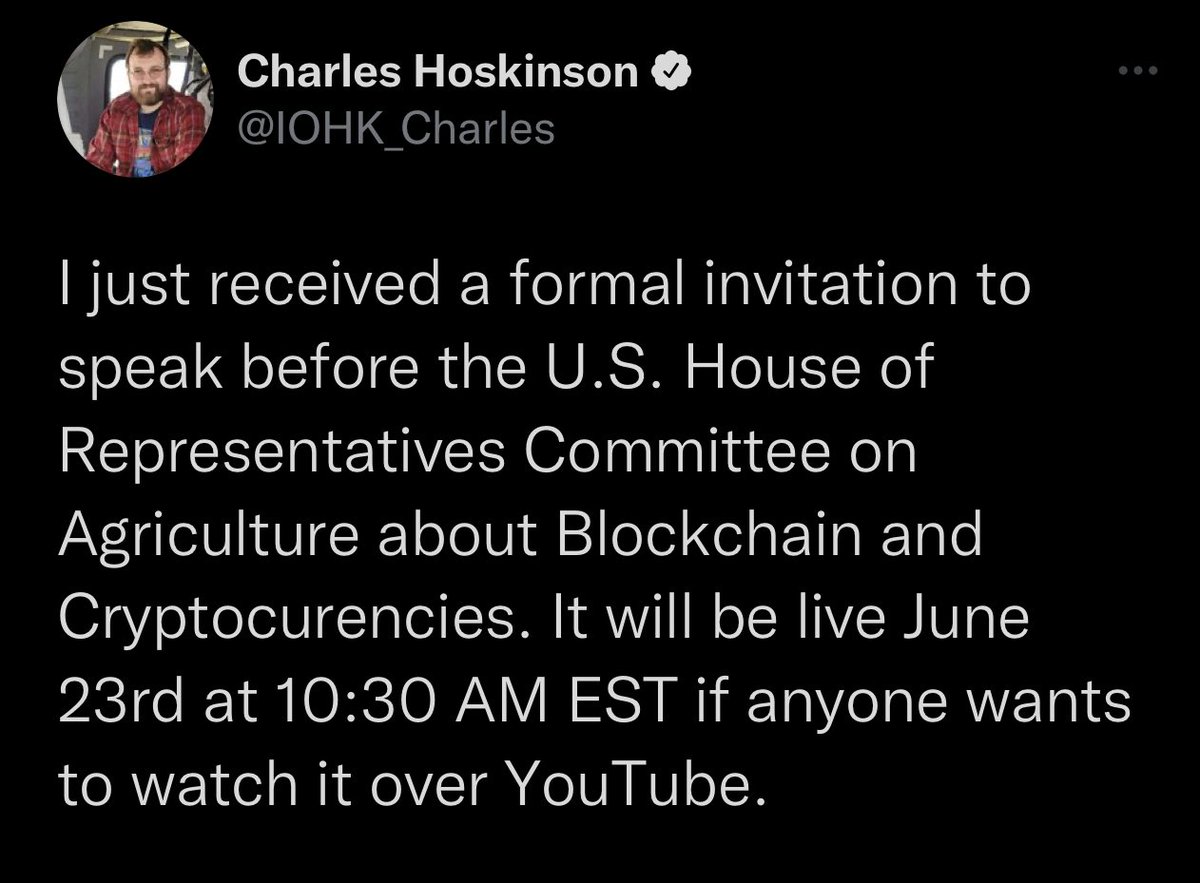 Watcher.Guru (@watcherguru) on Twitter photo JUST IN: #Cardano founder Charles Hoskinson has received an invite to speak in front of the US House of Representatives about #blockchain and #cryptocurrency. JUST IN: #Cardano founder Charles Hoskinson has received an invite to speak in front of the US House of Representatives about #blockchain and #cryptocurrency.