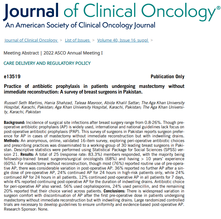 Russell Seth Martins (@russellmartins1) on Twitter photo Published in <a href="/JCO_ASCO/">Journal of Clinical Oncology</a>! 🥳 There is widespread variation in the discontinuation of antibiotic prophylaxis post-mastectomy without immediate reconstruction but with indwelling drains 🤌
This nicely sets up our upcoming RCT on the topic, stay tuned!
#BreastTwitter #BreastSurgery Published in <a href="/JCO_ASCO/">Journal of Clinical Oncology</a>! 🥳 There is widespread variation in the discontinuation of antibiotic prophylaxis post-mastectomy without immediate reconstruction but with indwelling drains 🤌
This nicely sets up our upcoming RCT on the topic, stay tuned!
#BreastTwitter #BreastSurgery