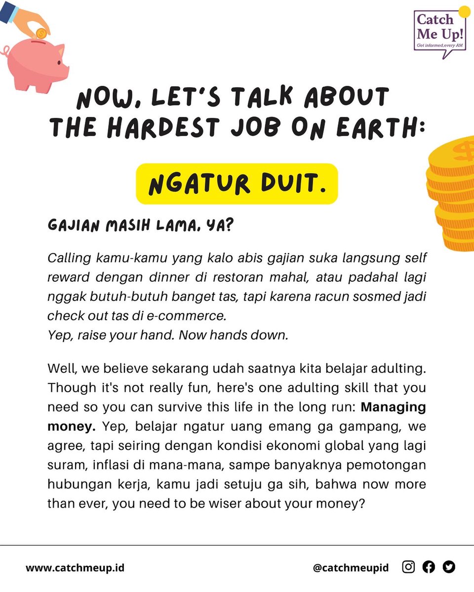catchmeupco's tweet photo. Menjalani hari dengan sisa-sisa perjuangan dan menanti gajian yang masih sepuluh hari lagi. 

Guys, today let’s learn one of adulting skill: managing money. https://t.co/ezEYTSXNYb