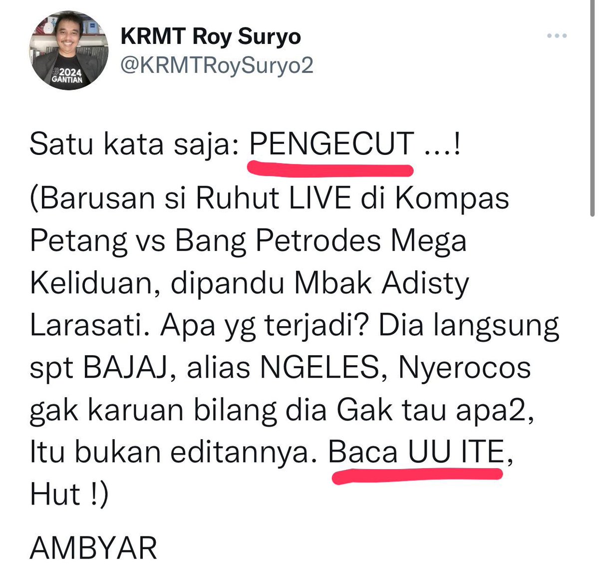 GloriaTamba's tweet photo. @KRMTRoySuryo2 @akimalam_tvone Saya pikir bakal konsisten omongannya seperti pada saat cuit terkait masalah Ruhut https://t.co/4EtgtBn4Cq