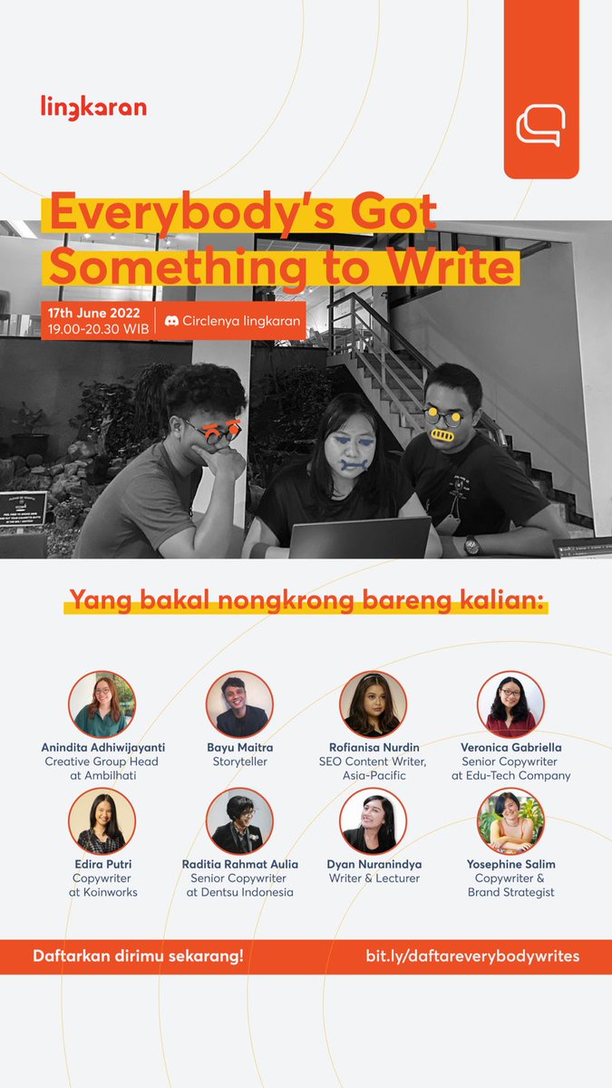 verooogabriel's tweet photo. Tweeps, malam ini aku bakal sharing seputar dunia tulis-menulis di @lingkarandotco bareng teman-teman copywriter lainnya.
Join yuk ke tongkrongan kami, daftar GRATIS via https://t.co/EwitIYPEhK. Dijamin seru!
#BelajarCreativeWriting #BelajarContentWriting #BelajarCopywriting https://t.co/fCW2RxpmKl