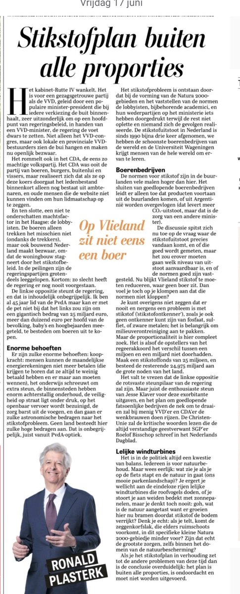 Geweldige column van Ronald Plasterk

Het stikstofplan is buiten alle proporties, is ondoordacht en moet niet worden uitgevoerd: Op Vlieland zit niet eens een boer.
<a href="/telegraaf/">De Telegraaf</a>