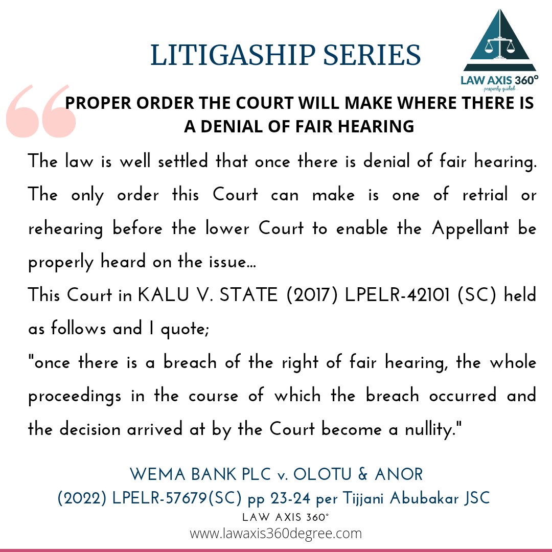 LawAxis360's tweet photo. This week on litigaship series features the proper order the court will make where there is a denial of fair hearing.

See flyer for the quote.

Follow us for more legal contents.

Like and share.

#HumanRights #rights #fridaymorning #FridayVibes #lawaxis360 #litigashipseries https://t.co/zgCJF98LfW