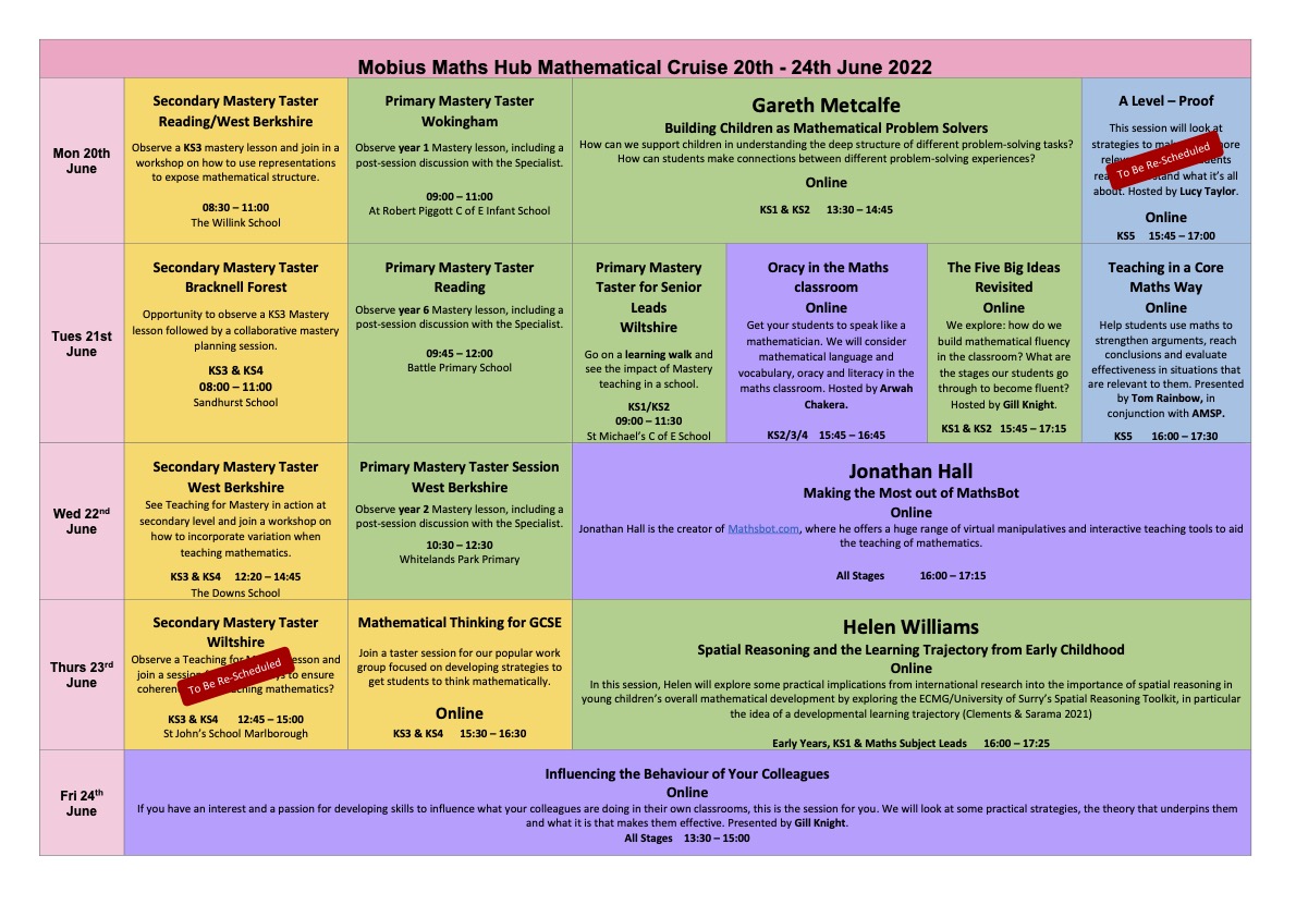 Maths Cruise is happening next week!
Join us for a variety of online and F2F activities FREE!

<a href="/helenjwc/">Dr Helen J Williams she/her🇪🇺</a> will explore the importance of spatial reasoning in young children mathematical development. 

To sign up:
bit.ly/3Gcz0qR
<a href="/TSHBerkshire/">Teaching School Hub (TSH) Berkshire</a> 
<a href="/NCETM/">NCETM</a> 
#MathsCPD