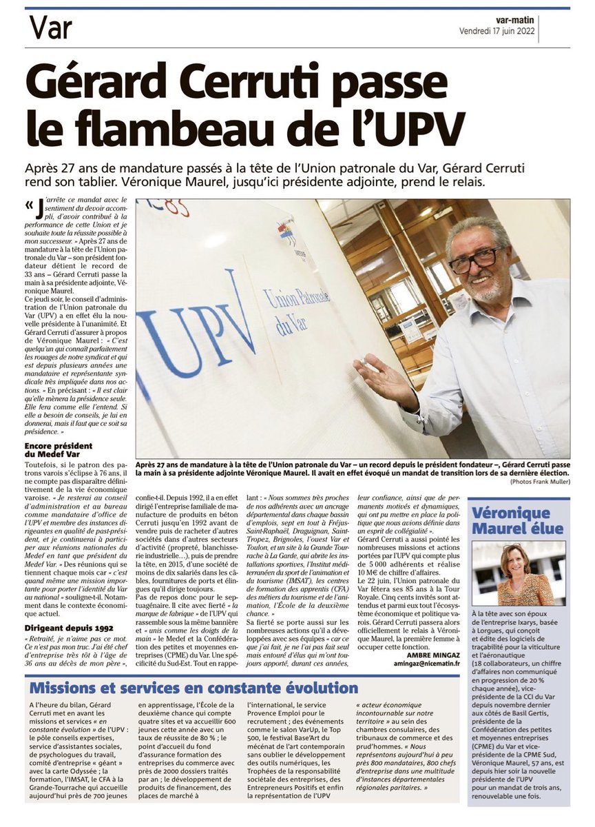 Balazuc2's tweet photo. #upv #varmatin portrait du président sortant #gerardcerruti , un grand chef d’entreprise !
Une transition parfaite avec #veroniquemaurel nouvelle présidente. 👏👏👏
UPV 1er réseau d’entreprises varois 💪✌️ https://t.co/PWCUyiWUMB